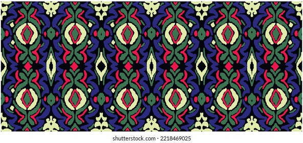 Stamm Vektor nahtlose Navajo Muster. Handgezeichnet abstrakter Hintergrund. Geometrisches Damaskus-Ornament. Ikat Grenze. Ethnische Stickerei mit Blättern und Monogrammen. Stammesvektorstruktur. Nahtlose Volkspartei