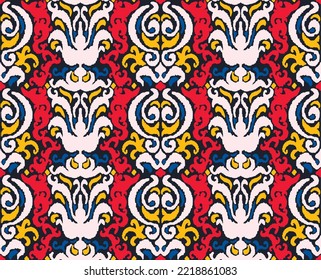 Tribal vector seamless Navajo pattern. Hand drawn abstract background. Geometric damascus ornament. Ikat border. Ethnic embroidery with leaves and monograms. Tribal vector texture. Seamless folk patte