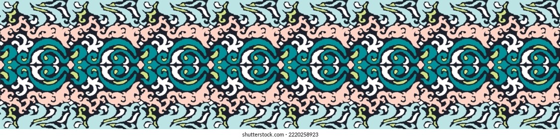 Tribal vector seamless Navajo pattern. Hand drawn abstract background. Geometric damascus ornament. Ikat border. Ethnic embroidery with leaves and monograms. Tribal vector texture. Seamless folk patte