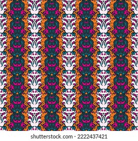 Tribal vector seamless Navajo pattern. Hand drawn abstract background. Geometric damascus ornament. Ikat border. Ethnic embroidery with leaves and monograms. Tribal vector texture. Seamless folk patte