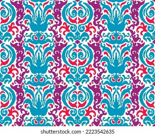 Stamm Vektor nahtlose Navajo Muster. Handgezeichnet abstrakter Hintergrund. Geometrisches Damaskus-Ornament. Ikat Grenze. Ethnische Stickerei mit Blättern und Monogrammen. Stammesvektorstruktur. Nahtlose Volkspartei