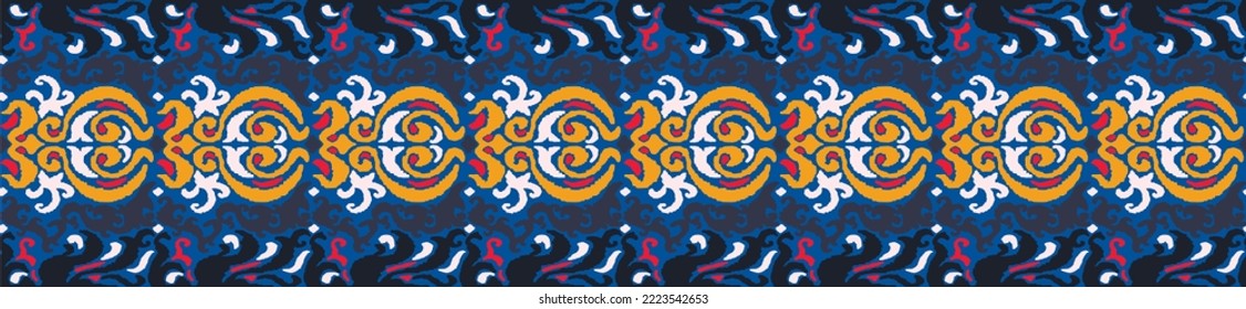 Tribal vector seamless Navajo pattern. Hand drawn abstract background. Geometric damascus ornament. Ikat border. Ethnic embroidery with leaves and monograms. Tribal vector texture. Seamless folk patte
