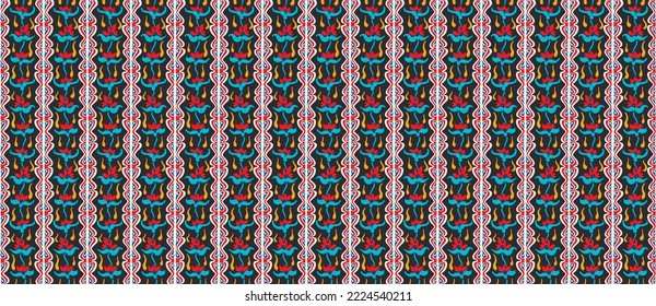 Vector tribal sin fisuras patrón Navajo. Trajo mano de fondo abstracto. Ornamento de damasco geométrico. Frontera Ikat. bordado étnico con hojas y monogramas. Textura vectorial tribal. Patata de folclore sin mar