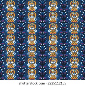 Vector tribal sin fisuras patrón Navajo. Trajo mano de fondo abstracto. Ornamento de damasco geométrico. Frontera Ikat. bordado étnico con hojas y monogramas. Textura vectorial tribal. Patata de folclore sin mar