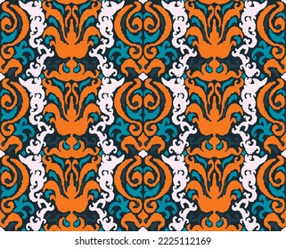 Vector tribal sin fisuras patrón Navajo. Trajo mano de fondo abstracto. Ornamento de damasco geométrico. Frontera Ikat. bordado étnico con hojas y monogramas. Textura vectorial tribal. Patata de folclore sin mar