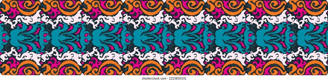 Tribal vector seamless Navajo pattern. Hand drawn abstract background. Geometric damascus ornament. Ikat border. Ethnic embroidery with leaves and monograms. Tribal vector texture. Seamless folk patte