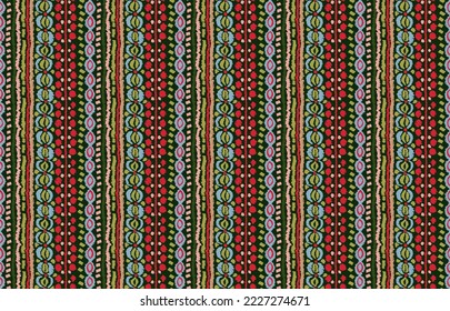 Stamm Vektor nahtlose Navajo Muster. Handgezeichnet abstrakter Hintergrund. Geometrisches Damaskus-Ornament. Ikat Grenze. Ethnische Stickerei mit Blättern und Monogrammen. Stammesvektorstruktur. Nahtlose Volkspartei