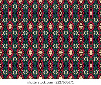 Stamm Vektor nahtlose Navajo Muster. Handgezeichnet abstrakter Hintergrund. Geometrisches Damaskus-Ornament. Ikat Grenze. Ethnische Stickerei mit Blättern und Monogrammen. Stammesvektorstruktur. Nahtlose Volkspartei