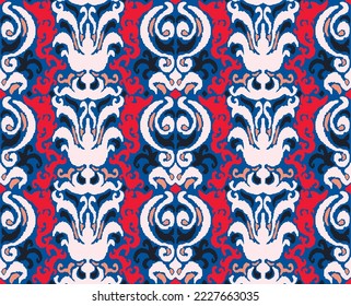 Vector tribal sin fisuras patrón Navajo. Trajo mano de fondo abstracto. Ornamento de damasco geométrico. Frontera Ikat. bordado étnico con hojas y monogramas. Textura vectorial tribal. Patata de folclore sin mar