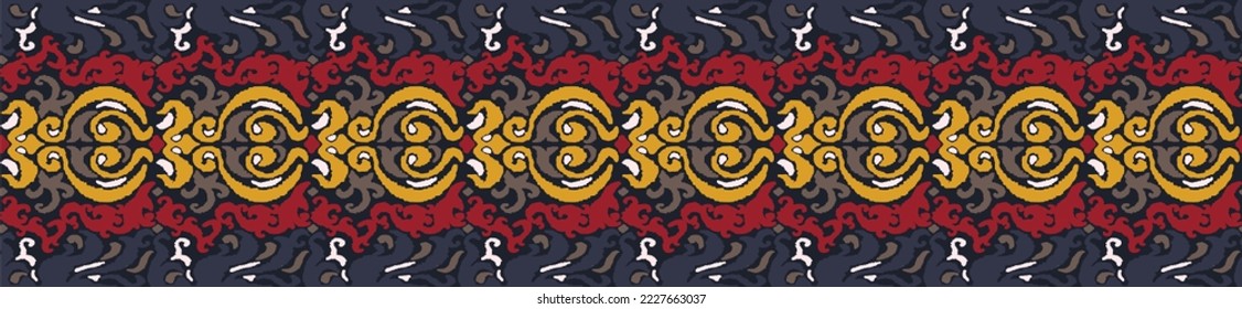 Vector tribal sin fisuras patrón Navajo. Trajo mano de fondo abstracto. Ornamento de damasco geométrico. Frontera Ikat. bordado étnico con hojas y monogramas. Textura vectorial tribal. Patata de folclore sin mar