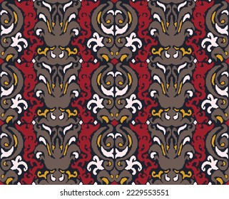 Vector tribal sin fisuras patrón Navajo. Trajo mano de fondo abstracto. Ornamento de damasco geométrico. Frontera Ikat. bordado étnico con hojas y monogramas. Textura vectorial tribal. Patata de folclore sin mar