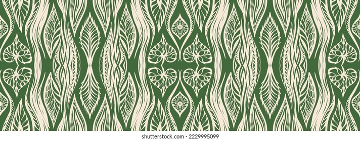 Vector tribal sin fisuras patrón Navajo. Trajo mano de fondo abstracto. Ornamento de damasco geométrico. Frontera Ikat. bordado étnico con hojas y monogramas. Textura vectorial tribal. Patata de folclore sin mar