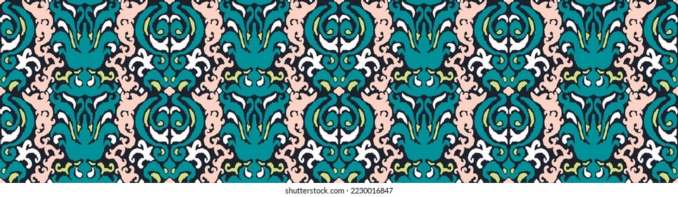 Tribal vector seamless Navajo pattern. Hand drawn abstract background. Geometric damascus ornament. Ikat border. Ethnic embroidery with leaves and monograms. Tribal vector texture. Seamless folk patte