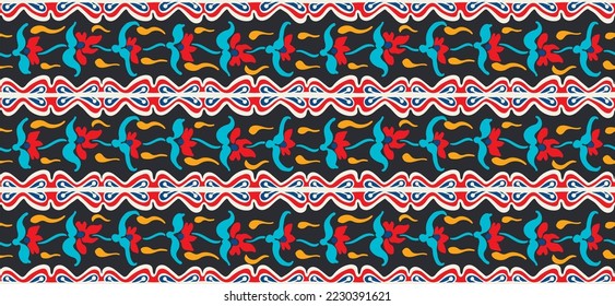Vector tribal sin fisuras patrón Navajo. Trajo mano de fondo abstracto. Ornamento de damasco geométrico. Frontera Ikat. bordado étnico con hojas y monogramas. Textura vectorial tribal. Patata de folclore sin mar