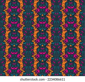Tribal vector seamless Navajo pattern. Hand drawn abstract background. Geometric damascus ornament. Ikat border. Ethnic embroidery with leaves and monograms. Tribal vector texture. Seamless folk patte