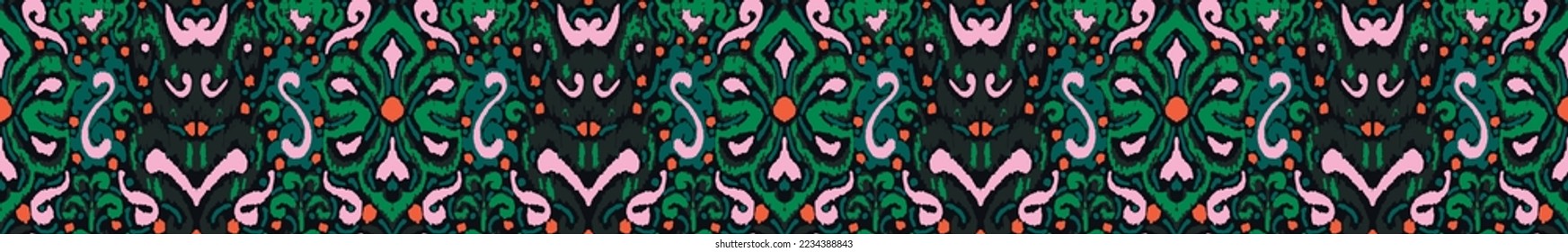 Tribal vector seamless Navajo pattern. Hand drawn abstract background. Geometric damascus ornament. Ikat border. Ethnic embroidery with leaves and monograms. Tribal vector texture. Seamless folk patte