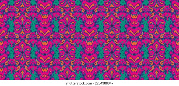 Vector tribal sin fisuras patrón Navajo. Trajo mano de fondo abstracto. Ornamento de damasco geométrico. Frontera Ikat. bordado étnico con hojas y monogramas. Textura vectorial tribal. Patata de folclore sin mar
