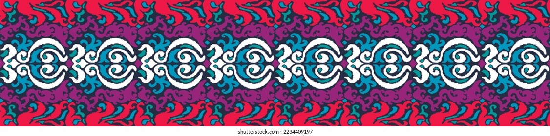 Vector tribal sin fisuras patrón Navajo. Trajo mano de fondo abstracto. Ornamento de damasco geométrico. Frontera Ikat. bordado étnico con hojas y monogramas. Textura vectorial tribal. Patata de folclore sin mar