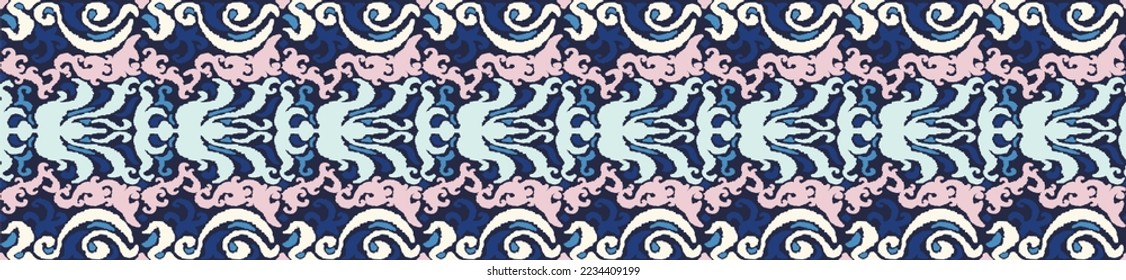 Tribal vector seamless Navajo pattern. Hand drawn abstract background. Geometric damascus ornament. Ikat border. Ethnic embroidery with leaves and monograms. Tribal vector texture. Seamless folk patte