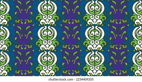 Vector tribal sin fisuras patrón Navajo. Trajo mano de fondo abstracto. Ornamento de damasco geométrico. Frontera Ikat. bordado étnico con hojas y monogramas. Textura vectorial tribal. Patata de folclore sin mar