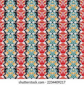 Tribal vector seamless Navajo pattern. Hand drawn abstract background. Geometric damascus ornament. Ikat border. Ethnic embroidery with leaves and monograms. Tribal vector texture. Seamless folk patte