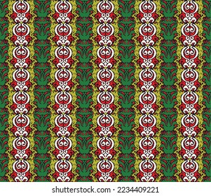 Stamm Vektor nahtlose Navajo Muster. Handgezeichnet abstrakter Hintergrund. Geometrisches Damaskus-Ornament. Ikat Grenze. Ethnische Stickerei mit Blättern und Monogrammen. Stammesvektorstruktur. Nahtlose Volkspartei