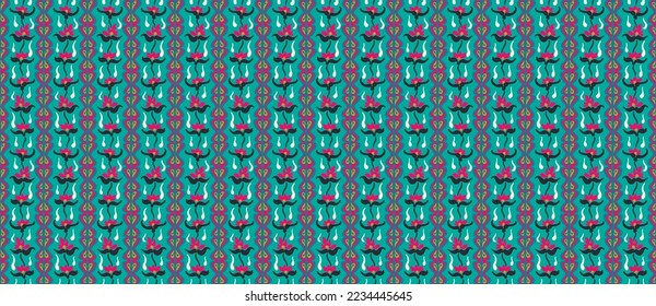 Stamm Vektor nahtlose Navajo Muster. Handgezeichnet abstrakter Hintergrund. Geometrisches Damaskus-Ornament. Ikat Grenze. Ethnische Stickerei mit Blättern und Monogrammen. Stammesvektorstruktur. Nahtlose Volkspartei