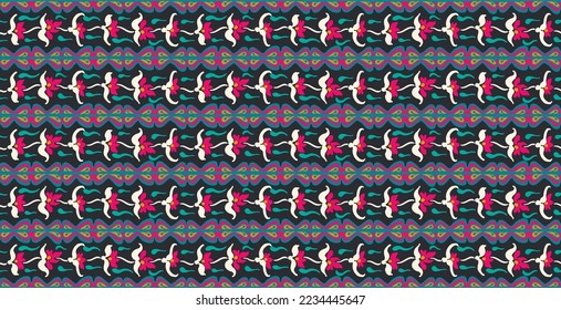 Stamm Vektor nahtlose Navajo Muster. Handgezeichnet abstrakter Hintergrund. Geometrisches Damaskus-Ornament. Ikat Grenze. Ethnische Stickerei mit Blättern und Monogrammen. Stammesvektorstruktur. Nahtlose Volkspartei