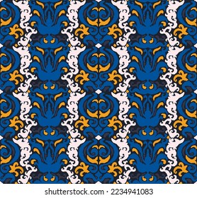 Tribal vector seamless Navajo pattern. Hand drawn abstract background. Geometric damascus ornament. Ikat border. Ethnic embroidery with leaves and monograms. Tribal vector texture. Seamless folk patte