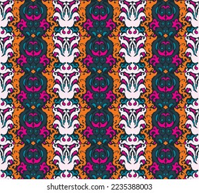Vector tribal sin fisuras patrón Navajo. Trajo mano de fondo abstracto. Ornamento de damasco geométrico. Frontera Ikat. bordado étnico con hojas y monogramas. Textura vectorial tribal. Patata de folclore sin mar