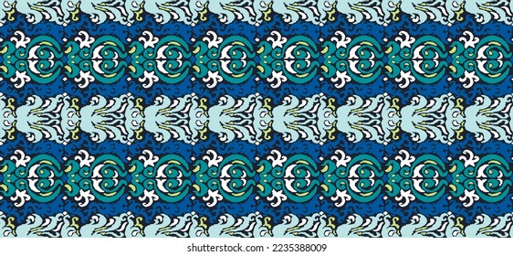 Vector tribal sin fisuras patrón Navajo. Trajo mano de fondo abstracto. Ornamento de damasco geométrico. Frontera Ikat. bordado étnico con hojas y monogramas. Textura vectorial tribal. Patata de folclore sin mar