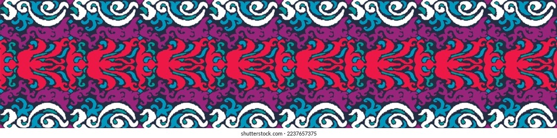 Vector tribal sin fisuras patrón Navajo. Trajo mano de fondo abstracto. Ornamento de damasco geométrico. Frontera Ikat. bordado étnico con hojas y monogramas. Textura vectorial tribal. Patata de folclore sin mar