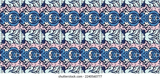Vector tribal sin fisuras patrón Navajo. Trajo mano de fondo abstracto. Ornamento de damasco geométrico. Frontera Ikat. bordado étnico con hojas y monogramas. Textura vectorial tribal. Patata de folclore sin mar