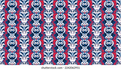 Vector tribal sin fisuras patrón Navajo. Trajo mano de fondo abstracto. Ornamento de damasco geométrico. Frontera Ikat. bordado étnico con hojas y monogramas. Textura vectorial tribal. Patata de folclore sin mar