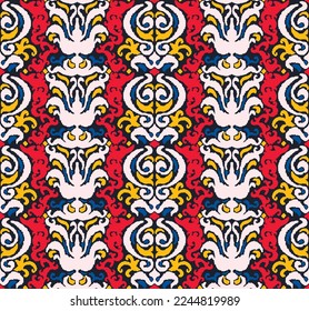 Tribal vector seamless Navajo pattern. Hand drawn abstract background. Geometric damascus ornament. Ikat border. Ethnic embroidery with leaves and monograms. Tribal vector texture. Seamless folk patte