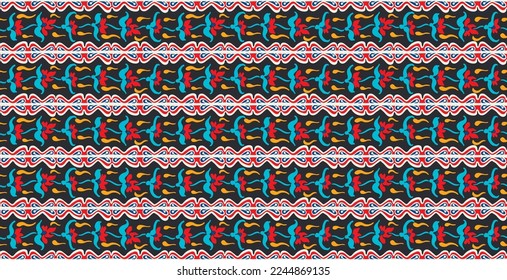 Vector tribal sin fisuras patrón Navajo. Trajo mano de fondo abstracto. Ornamento de damasco geométrico. Frontera Ikat. bordado étnico con hojas y monogramas. Textura vectorial tribal. Patata de folclore sin mar