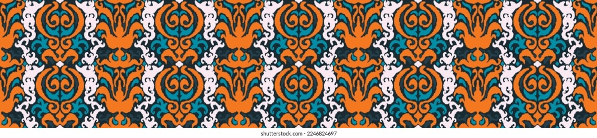 Tribal vector seamless Navajo pattern. Hand drawn abstract background. Geometric damascus ornament. Ikat border. Ethnic embroidery with leaves and monograms. Tribal vector texture. Seamless folk patte