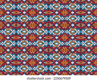 Vector tribal sin fisuras patrón Navajo. Trajo mano de fondo abstracto. Ornamento de damasco geométrico. Frontera Ikat. bordado étnico con hojas y monogramas. Textura vectorial tribal. Patata de folclore sin mar