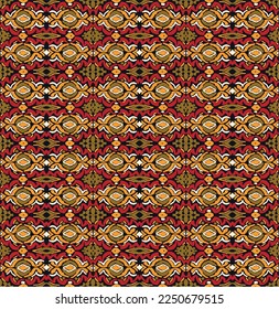 Stamm Vektor nahtlose Navajo Muster. Handgezeichnet abstrakter Hintergrund. Geometrisches Damaskus-Ornament. Ikat Grenze. Ethnische Stickerei mit Blättern und Monogrammen. Stammesvektorstruktur. Nahtlose Volkspartei