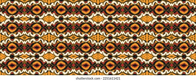 Stamm Vektor nahtlose Navajo Muster. Handgezeichnet abstrakter Hintergrund. Geometrisches Damaskus-Ornament. Ikat Grenze. Ethnische Stickerei mit Blättern und Monogrammen. Stammesvektorstruktur. Nahtlose Volkspartei