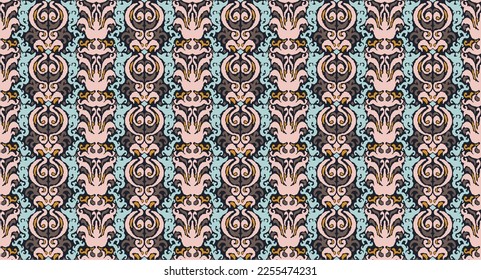 Tribal vector seamless Navajo pattern. Hand drawn abstract background. Geometric damascus ornament. Ikat border. Ethnic embroidery with leaves and monograms. Tribal vector texture. Seamless folk patte