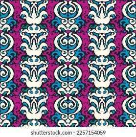 Vector tribal sin fisuras patrón Navajo. Trajo mano de fondo abstracto. Ornamento de damasco geométrico. Frontera Ikat. bordado étnico con hojas y monogramas. Textura vectorial tribal. Patata de folclore sin mar