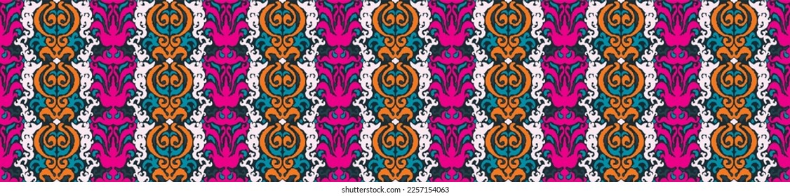 Tribal vector seamless Navajo pattern. Hand drawn abstract background. Geometric damascus ornament. Ikat border. Ethnic embroidery with leaves and monograms. Tribal vector texture. Seamless folk patte