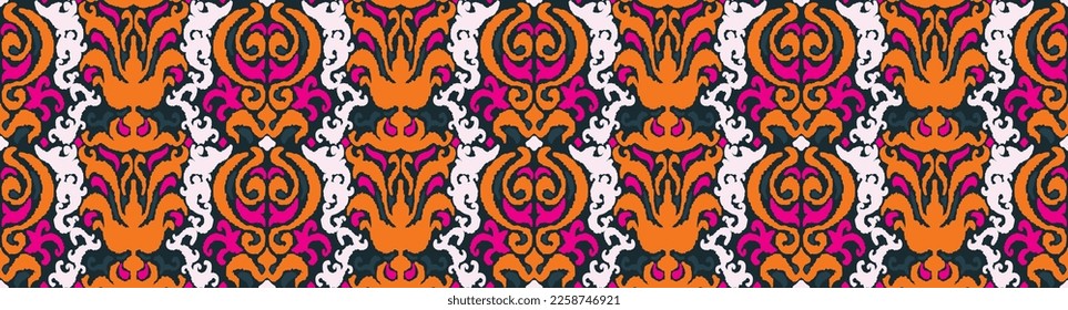 Vector tribal sin fisuras patrón Navajo. Trajo mano de fondo abstracto. Ornamento de damasco geométrico. Frontera Ikat. bordado étnico con hojas y monogramas. Textura vectorial tribal. Patata de folclore sin mar
