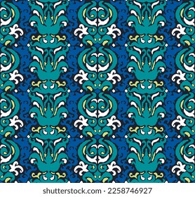 Tribal vector seamless Navajo pattern. Hand drawn abstract background. Geometric damascus ornament. Ikat border. Ethnic embroidery with leaves and monograms. Tribal vector texture. Seamless folk patte