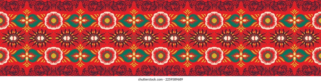 Stamm Vektor nahtlose Navajo Muster. Handgezeichnet abstrakter Hintergrund. Geometrisches Damaskus-Ornament. Ikat Grenze. Ethnische Stickerei mit Blättern. Stammesvektorstruktur. Nahtloses Volksmuster