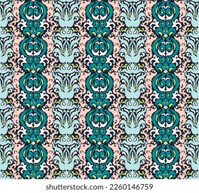 Tribal vector seamless Navajo pattern. Hand drawn abstract background. Geometric damascus ornament. Ikat border. Ethnic embroidery with leaves and monograms. Tribal vector texture. Seamless folk patte