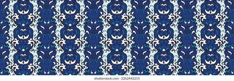 Vector tribal sin fisuras patrón Navajo. Trajo mano de fondo abstracto. Ornamento de damasco geométrico. Frontera Ikat. bordado étnico con hojas y monogramas. Textura vectorial tribal. Patata de folclore sin mar