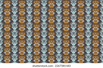 Stamm Vektor nahtlose Navajo Muster. Handgezeichnet abstrakter Hintergrund. Geometrisches Damaskus-Ornament. Ikat Grenze. Ethnische Stickerei mit Blättern und Monogrammen. Stammesvektorstruktur. Nahtlose Volkspartei