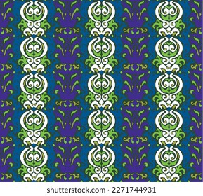 Vector tribal sin fisuras patrón Navajo. Trajo mano de fondo abstracto. Ornamento de damasco geométrico. Frontera Ikat. bordado étnico con hojas y monogramas. Textura vectorial tribal. Patata de folclore sin mar